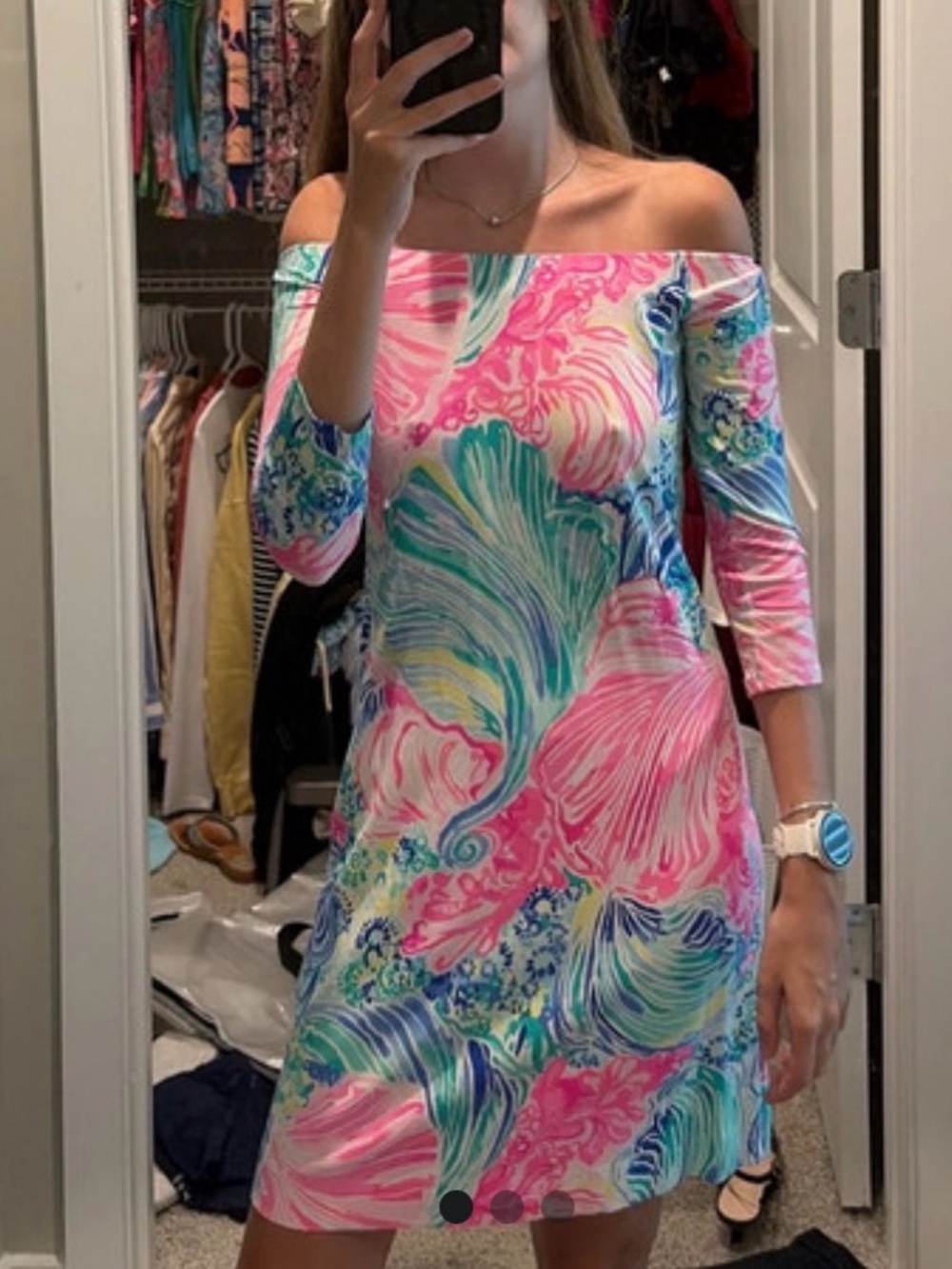 Lilly Pulitzer Off-Shoulder Pink Teal Floral Wave Dress